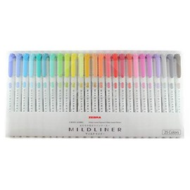 〈New〉ZEBRA Mildliner Water-based Marker, Twin tips (Bold and Fine), Assorted Pastel Color, 25 Colors Set (WKT7-25C)