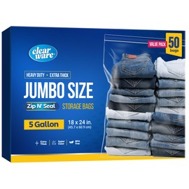 Clearware 50 Large Storage Bags With Zipper Top - 5 Gallon Bags 18" x 24", Extra Plastic for Clothes, Travel, Moving, Reusable freezer bags, BPA-Free, 2-mil Thick