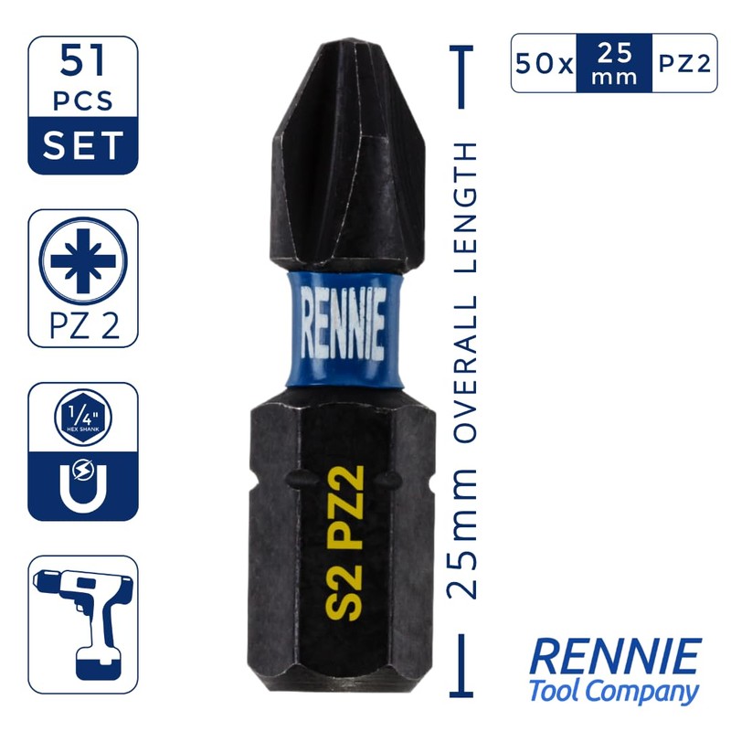 51 x Rennie Tools 25mm Long PZ2 Impact Screwdriver Driver