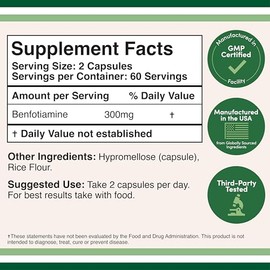 Double Wood Supplements Benfotiamine 300mg Servings (Third Party Tested, 120 Capsules, 150mg Per Cap) Non-GMO, to Boost Thiamine B1 Levels (More Absorbable Than Thiamine, Fat Soluble) by Double Wood