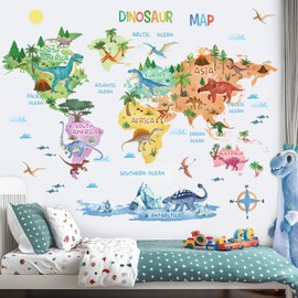 wondever Dinosaur World Map Wall Stickers Dino Animal World Map Peel and Stick Wall Art Decals for Boys Room Kids Bedroom Living Room