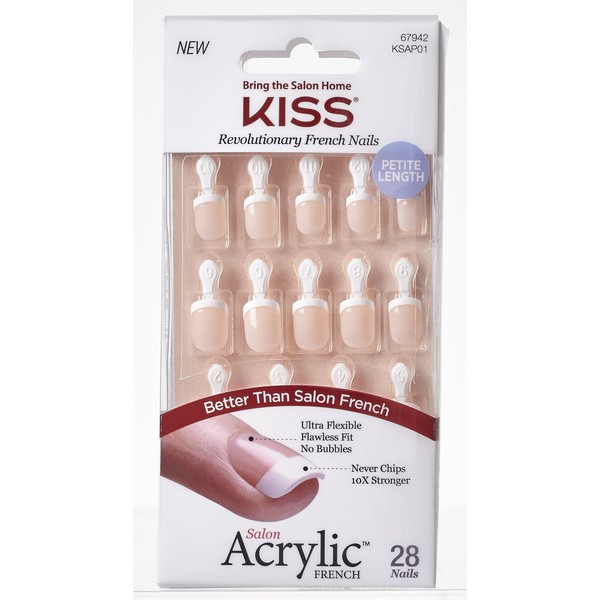 KISS Salon Acrylic French Nail Manicure Set, Petite Length, Square, “ Crush Hour”, Nail Kit Includes Pink Gel Nail Glue (Net Wt. 2 g / 0.07oz.), Mini File, Manicure Stick, and 28 Fake Nails