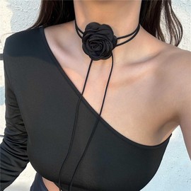 Allereya Vintage Layered Velvet Choker Necklace Black Flower Choker Necklace Flannel Flower Necklace Boho Leather Necklace Jewellery for Women and Girls (Black), Zinc, No Gemstone