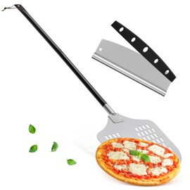 12" Perforated Pizza Peel with Pizza Cutter, Leonyo Aluminum Pizza Turning Peel with Long Adjustable Handle, Lightweight & Non-Stick Tools for Baking Bread
