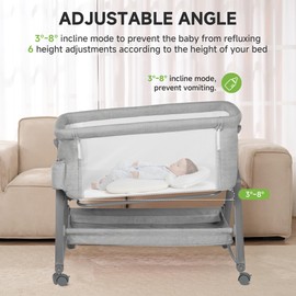Real Relax Baby Bassinet Bedside Sleeper, 3 in 1 Bedside Crib with 6 Adjustable Height and Mosquito Nets, Portable Bedside Bassinet for Baby with Wheels, Easy to Fold, Included Mattress, Grey