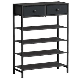 UNITSTAGE Shoe Rack, 5 Tier Shoe Organizer with 2 Drawers, Metal Shoe Storage for 16-20 Pairs of Shoes with Fabric Shelves and Wooden Top, Narrow Shoe Shelf for Closet Entryway Black Grey