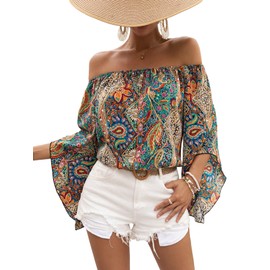 Floerns Women's Boho Off Shoulder 3/4 Bell Sleeve Summer Blouse Top Multi Paisley XL