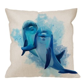 HGOD DESIGNS Throw Pillow Cover Dolphins Watercolor Cheerful Lovely Friendly Home Decorative Pillow Cases Cotton Linen Square Cushion Covers for Sofa Couch 18x18 Inch