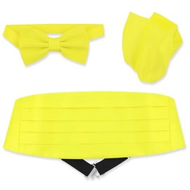 Vesuvio Napoli Cummerbund BowTie & Hanky Set - Men's Cummerbund Bow Tie Pocket Square Solid Colors (Golden Yellow)