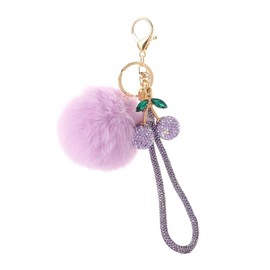 Furry Pom Pom Keychain with Rhinestone Cherry Charm - Multi-Color Bling Keyring for Bags, Keys, & Decor-Purple