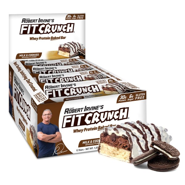 FITCRUNCH Full Size Protein Bars, Designed by Robert Irvine, 6-Layer Baked Bar, 6g of Sugar, Gluten Free & Soft Cake Core (Milk and Cookies)