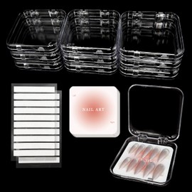 Qsnidy 9Pcs Press On Nail Storage Box, Transparent False Nails Acrylic Display Case with 9Pcs Fake Nails Display Cards and 20Pcs Adhesive Double Sided Tape for Nail Art Home Salon Packaging Use