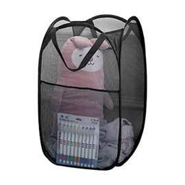 Mesh Pop Up Laundry Hamper, Collapsible Laundry Basket with Side Pocket, Dirty Clothes Mesh Basket Foldable for Cruise, Travel, Camping (Black - 1 Pack)