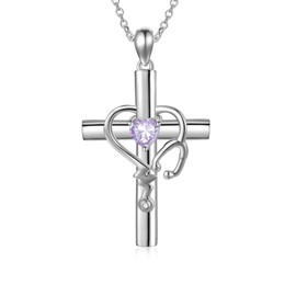 LONAGO Stethoscope Necklace Silver Cross Pendant Necklace with June Birthstone Stethoscope Jewelry Graduation Gift for Nurse Doctor Medical Student