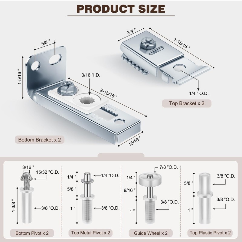 Bifold Closet Door Hardware Kit with Top/Bottom Bracket, Guide Wheel