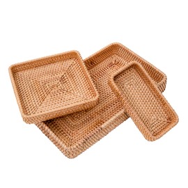 BUND Set 3 Rattan Serving Tray, Rectangular Woven Tray, Natural Wicker Decorative Serving Baskets for Organizing Tabletop Bathroom Kitchen Counter