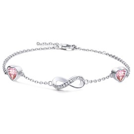Qings Infinity Bracelet Women's Sterling Silver Birthstone Bracelets Bangle with 2 Heart Charms Adjustable Bracelet Valentine's Day Mother's Day Christmas Gift for Mum Girls, Sterling Silver, Cubic