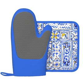 Blue Boho Geometric Silicone Oven Mitts Pan Mats Set of 2, Heat Resistant Gloves Potholder with Non-Slip Grips Hanging Loops Pot Holder, Spring Summer for Chef Cooking, Baking, Grilling, BBQ