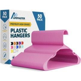 Lifemaster Plastic Clothes Hangers – Heavy Duty Hanger Set, for Organizing Clothes, Dresses, and Coat, Holds Up to 5 lbs, Space-Saving Hangers with Non-Slip Shoulder Grooves, Pack of 50, Pink