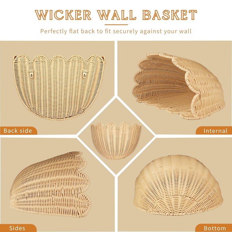 2PCS French Provence Scalloped Scallop Woven Wicker Wall Baskets Basket