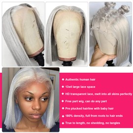 Benafee Grey Bob Wig Human Hair, 180% Density Bob Lace Front Wigs Human Hair 8 Inch 13x4 HD Transparent Lace Frontal Bob Wigs for Black Women Glueless Short Bob Wig Human Hair Transparent Lace Bob