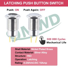 DMWD 16mm Waterproof IP67 Metal Latching Push Button Switch Heavy Duty 10Amp 12V-24V ON-Off 1NO with Wires for 5/8" Mounting Hole Without LED Light