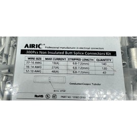 Airic 300) pc NON-INSULATED BUTT CONNECTOR KIT SEAMLESS 22/16, 16/14, 12/10