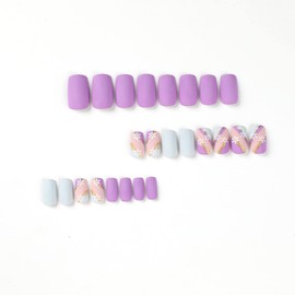 24 PCS Flower Press on Nails Matte Purple French False Nails Square Short Fake Nails Full Cover Stick on Nails for Women Girls Daily Wear Salon