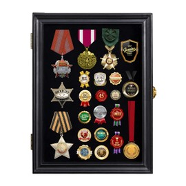 ARRAWIS Pin Display Case 11"x15" Solid Wood Pin Collection Display Shadow Box with UV Protection Acrylic Glass Door for Military Badges, Medals, Pin Enthusiast Collectibles (Black)