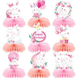 VorkiVecKi Bunny Birthday Party Decorations - 9Pcs Cute Rabbit Honeycomb Ornaments for Girls Easter Pink Jungle Centerpieces Set for Table Toppers Sweet Kids Supplies Kit Animal Theme Paper Decor