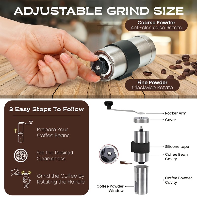 Manual Coffee Grinder - 18 Adjustable Settings, Stainless Steel Conical