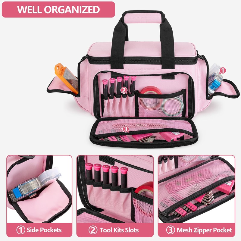 Trahzia Pink Tool Bag for Women, Portable Tool Box Organizer