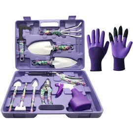 NARA CO Garden Tool Set, 11 Pcs Gardening Tools Purple Floral Print. Best Gift for Women: Handle Trowel, Rake, Pruning, Shear, Sprayer, Shovel, and Gloves That Includes a Pruning Shears Carrying Case