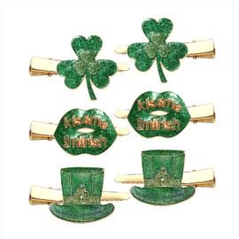 6PSC St Patrick's Day Hair Clips Glitter Shamrock Hat Hairpins Funny Irish Green Lucky Clover Lips Miss Me Hair Barrettes for Women Girls Sister Gift Holiday Party Styling Hair Accessory (A Shamrock Hat Lips Set)