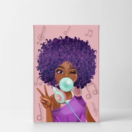 African American Wall Art, Black Girl Wall Art, African American Pretty Girl, Teal Blue Bubble Gum, Purple Pink African American Print, African Art Pictures, Canvas Prints, Kids Room- 28x19