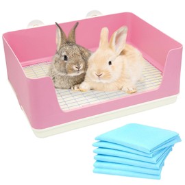 Fhiny Large Rabbit Litter Box for Cage, Plastic Guinea Pig Litter Pan with 6 PCS Disposable Pee Pads Potty Trainer Corner Toilet Box for Bunny Guinea Pigs Ferrets Chinchillas Small Animals (Pink)