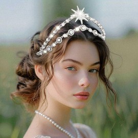 Edary Crystal Bridal Headband Star Bridal Headpiece Silver Wedding Headpiece Birthday Party Hair Accessories for Women, Alloy steel