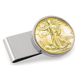 American Coin Treasures U.S. Coin Money Clip - Silver Walking Liberty Half Dollar Layered in Pure 24k Gold | Stainless Steel | Layered in Silver-Tone Rhodium | Holds Currency, Credit Cards, Cash