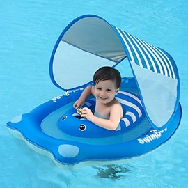 Swimbobo Baby Pool Float Ring with Adjustable Sun Canopy and Safety Seat Blue Bear Pool Toy for Age of 3-36 Months (Blue Bear)