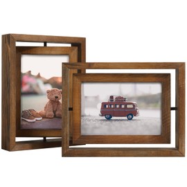 EGOFINE 2 Pack 7x5 Rotating Floating Picture Frames,Double-Sided Display with HD Glass Front Wooden Distressed Frame for Vertical or Horizontal Tabletop Display, Black