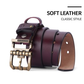 BISON DENIM Men's Belt Leather Dress Genuine Leather Classic Heavy Duty Buckle Belt Casual for Jeans, Golden Buckle + Brown Belt, Length 105 cm, fit for waist 31" - 33"
