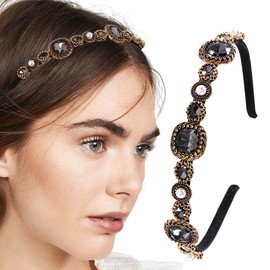 Firuilo Baroque Crystal Headband Pearl Rhinestones Hairbands Black Thin Headband for Women and Girls (Type A)