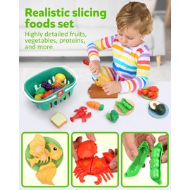 Coogam Pretend Play Food Set for Kids, Fake Fruits Meats Vegetables Balanced Meal Mixing and Cutting Toy, Play Kitchen Accessories with Shopping List, Educational Toy for 3 4 5 Years Old Kids