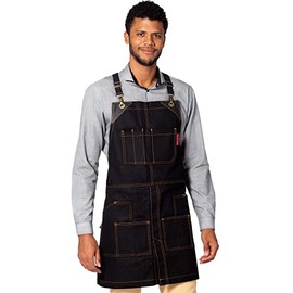 Under NY Sky Cargo Black Apron – Cross-Back with Leather Straps, Heavy-Duty Waxed Canvas and Split-Leg – Adjustable for Men and Women – Pro Woodworker, Mechanic, Blacksmith, Welder, Artist Aprons