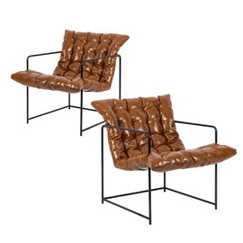 GIA Mid Century Modern Accent Chair for Living Room, Bedroom, and Office, Set of 2, Upholstered in Brown PU Leather with Black Metal Base