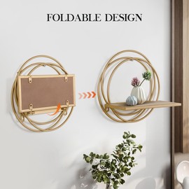 Oakrain Small Floating Shelves Set of 2, 11" Gold Wall Mounted Hanging Shelf with Metal Frame Wood Round Wall Shelves for Storage, Living Room Decor, Bathroom, Kitchen, Bedroom, Office