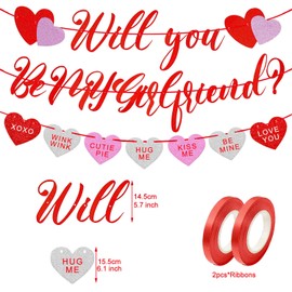 Will You Be My Girlfriend Banner, Glitter Red and Pink Will You Be My GF Banner for Happy Valentine’s Day Party Decoration and Be My Valentine Romantic Party Supplies