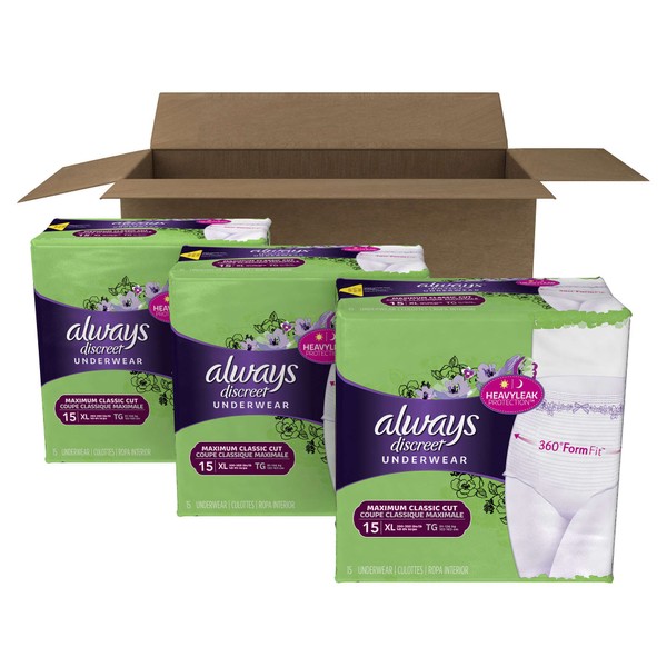 Always Discreet Incontinence Underwear for Women, Maximum, Classic, Count 45 Size XL - 3 Set