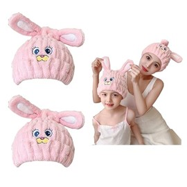 NAWPHEKI Kids Animal Hair Drying Towels, 2Pcs Pink Rabbit Bath Dry Hair Caps, Extrame Soft & Ultra Absorbent, Fast Drying Hair Turban Wrap Towels Shower Cap for Girls and Women