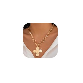 Kprusoian Chunky Cross Necklace for Women,14K Gold Plated Large Cross Pendant Necklace Statement Thick Chain Necklace Vintage Toggle Clasp Necklace Trendy Jewelry (Gold Cross)
